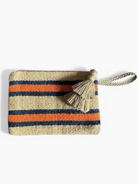 J. Jill Wristlet Jute Clutch in Tan Orange Navy Stripe with Tassel